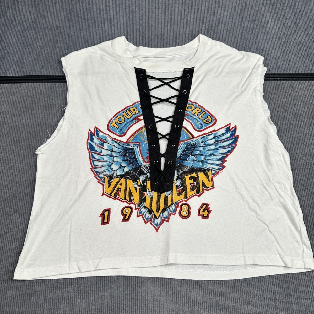 Van Halen 1984 World Tour Graphic Lace Up Tank Top White Sleeveless Crop XL Y2K